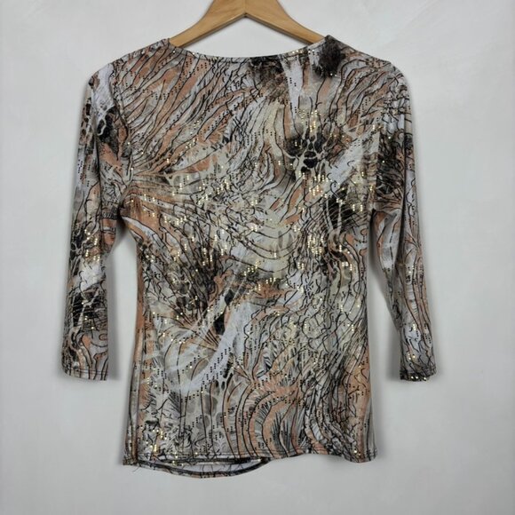 MSK Y2K Abstract Print Stretch Top Ruched 3/4 Sleeve Neutral Grunge Festival - Picture 9 of 11
